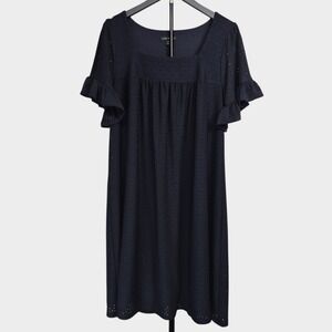 Lane Bryant Womens Plus Sz 10 12 Dress Navy Blue Eyelet Shift Ruffle Below Knee